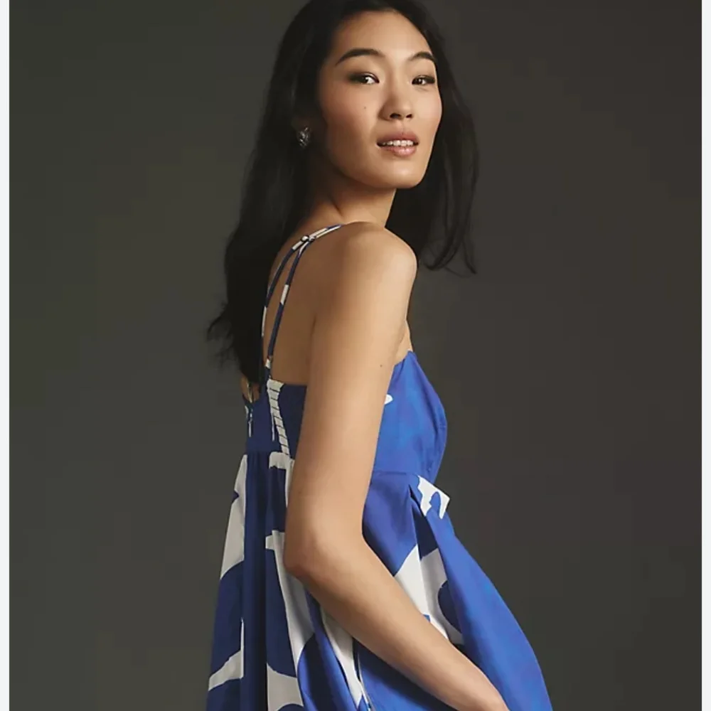 ANTHROPOLOGIE Dress MED Printed Babydoll Smock Maxi Blue White Abstract Strappy - Picture 3 of 11